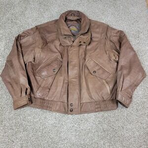 Adventure Bound Originals Mens XL Solid Brown Leather Bomber Jacket Full Zip